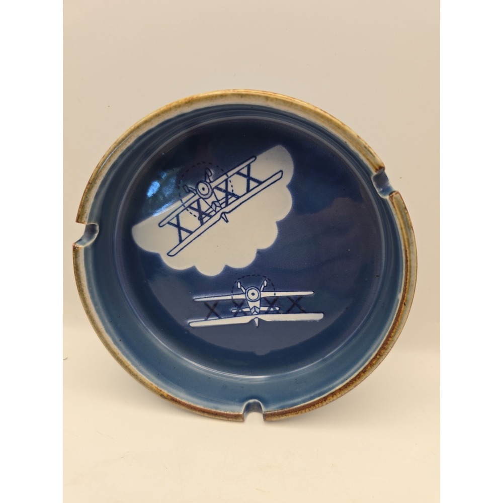 Otagari Japan Ashtray Speckled Ceramic Biplane ~5" Blue Smoking Pilot B1